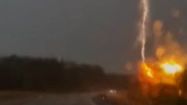 Lightning bolt strikes side of Swedish motorway | Climate News | Sky News