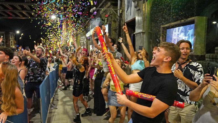 People queuing for the Viaduct Bar in Leeds, after the final legal coronavirus restrictions were lifted in England at midnight. Picture date: Monday July 19, 2021.