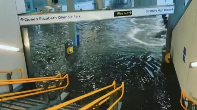 Pudding Mill Lane DLR station in London was underwater after heavy rain. Pic: Rob Day