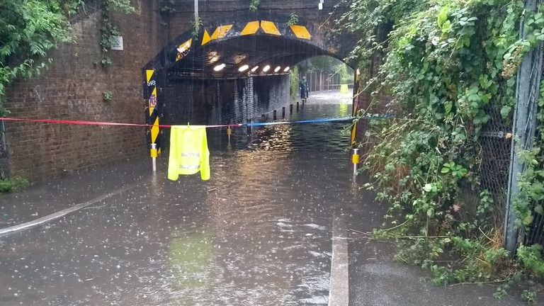 A flooded road in south London. Pic: @DanHolden85