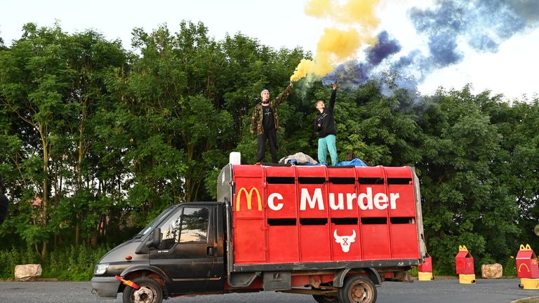 Animal Rebellion stages protest outside MacDonald&#39;s factory. Pic: Animal Rebellion/Andrea Domeniconi