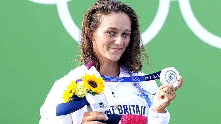 Great Britain&#39;s Mallory Franklin celebrates with her silver medal