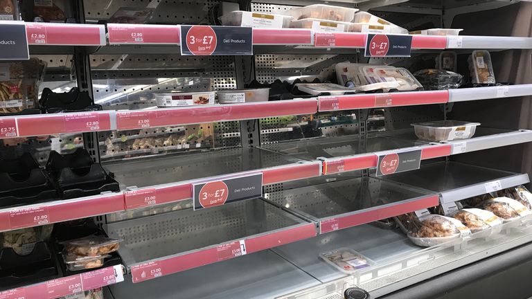 Empty shelves at a Marks & Spencer&#39;s store on the Lisburn Road in Belfast, with retailers &#39;experiencing some disruption after Brexit&#39; and Marks and Spencer has temporarily withdrawn a small proportion of product lines to ensure its delivery lorries are not turned away at ports.