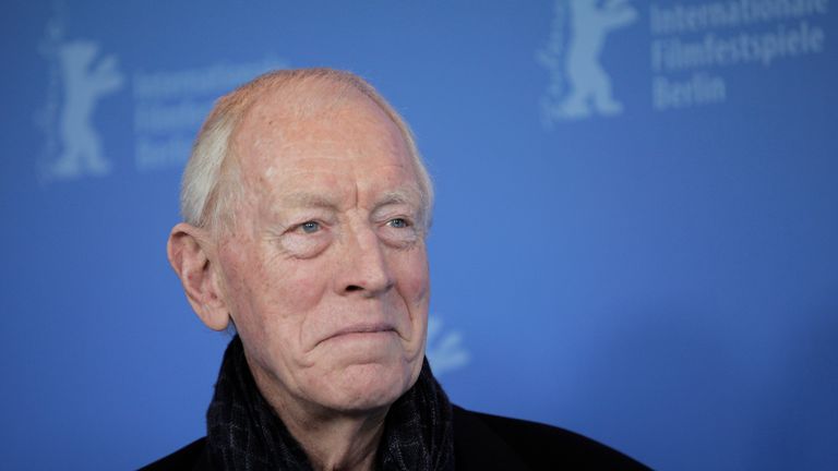 FILE - In this Feb. 10, 2012 file photo, actor Max von Sydow poses at the photo call for the film Extremely Loud and Incredibly Close during the 62 edition of International Film Festival Berlinale, in Berlin. The cast of “Star Wars: Episode VII” was announced Tuesday, Aril 29, 2014, on the official “Star Wars” website by Lucasfilm. Actors Adam Driver, Oscar Isaac, John Boyega, Daisy Ridley, Domhnall Gleeson and von Sydow will be joining the cast. (AP Photo/Gero Breloer, File)