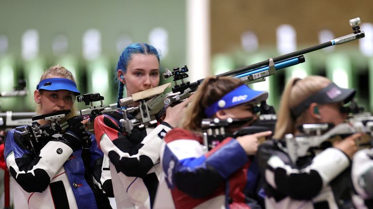 Tokyo 2020 Olympics - Shooting - Women&#39;s 10m Air Rifle - Qualification - Asaka Shooting Range, Tokyo, Japan – July 24, 2021. Alison Weisz of the United States and Seonaid McIntosh of Britain