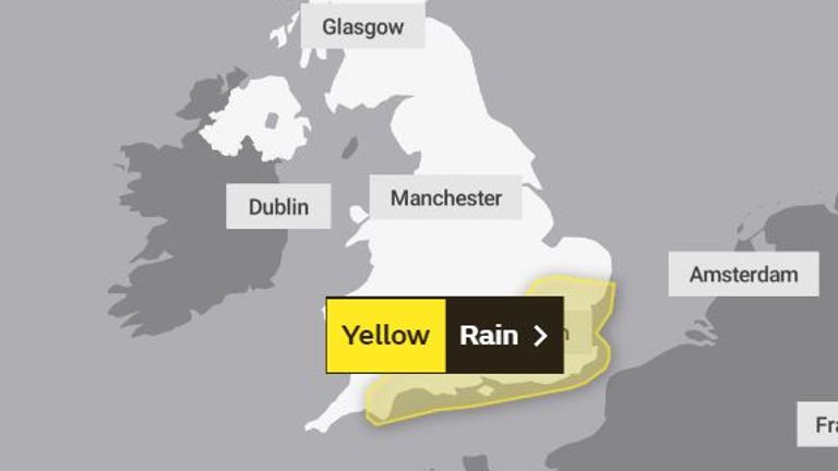 The weather warning covers a big area of southern England. Pic: Met Office