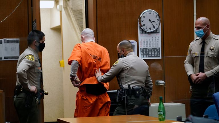 Serial killer Michael Thomas Gargiulo is taken away by sheriff deputies after Los Angeles Superior Court Judge Larry P. Fidler sentenced to death. Pic: Associated Press