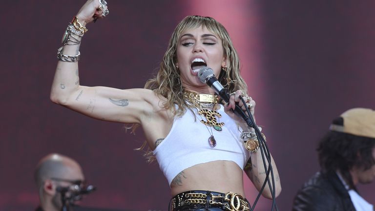 Miley Cyrus performing on day five of the Glastonbury Festival at Worthy Farm in Somerset on 6/30/2019