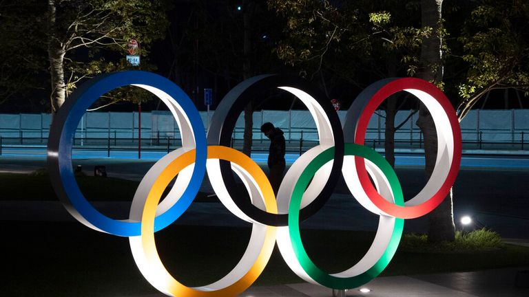 Olympic rings in front of the New National Stadium in Tokyo, Tuesday, March 24, 2020. IOC President Thomas Bach has agreed &#34;100%&#34; to a proposal of postponing the Tokyo Olympics for about one year until 2021 because of the coronavirus outbreak, Japanese Prime Minister Shinzo Abe said Tuesday. (AP Photo/Jae C. Hong)