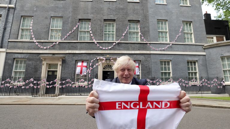 09/07/2021. London, United Kingdom. The Prime Minister Boris Johnson showing his support for England. The Prime Minister Boris Johnson in Downing Street wishing the England football team good luck ahead of the Euro 2020 Championship final against Italy on Sunday at Wembley. Picture by Andrew Parsons / No 10 Downing Street