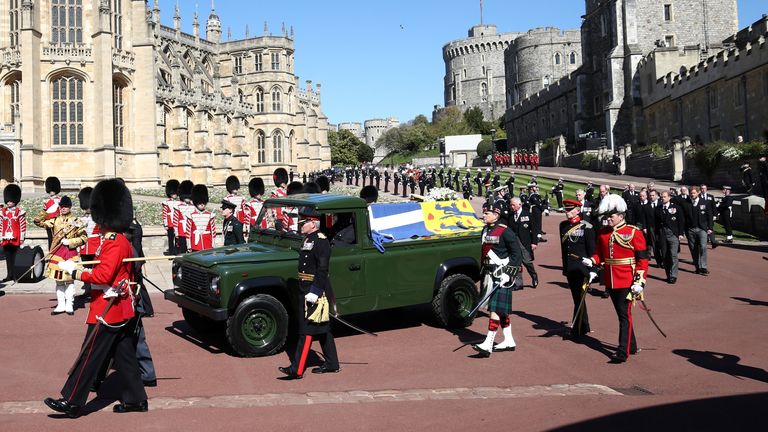 The Duke's coffin was transported on a Land Rover at his request
