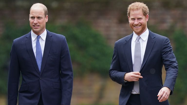 The Duke of Cambridge and the Duke of Sussex arrive for the unveiling of the statue they dedicated to their mother Diana, Princess of Wales in the Sunken Gardens at Kensington Palace, London, on her 60th birthday.  Date taken: Thursday, July 1, 2021.