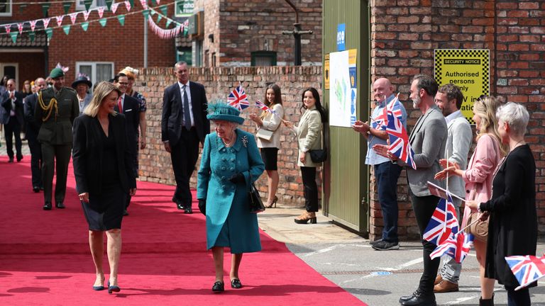 Queen Elizabeth II during a visit to the set of Coronation Street at the ITV Studios in Manchester