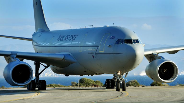 An RAF Voyager refueling tanker arrives back at RAF Akrotiri in Cyprus, as it returns to the base after supporting four RAF Tornado GR4&#39;s which carried out some of the first British bombing runs over Syria. 3/12/2015