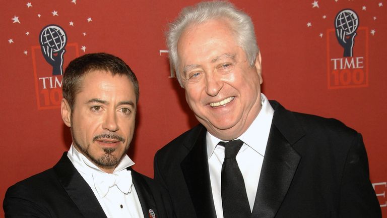 Actor Robert Downey Jr., left, and his father Robert Downey Sr. arrive at Time&#39;s 100 Most Influential People in the World Gala on Thursday, May 8, 2008 in New York. (AP Photo/Evan Agostini)