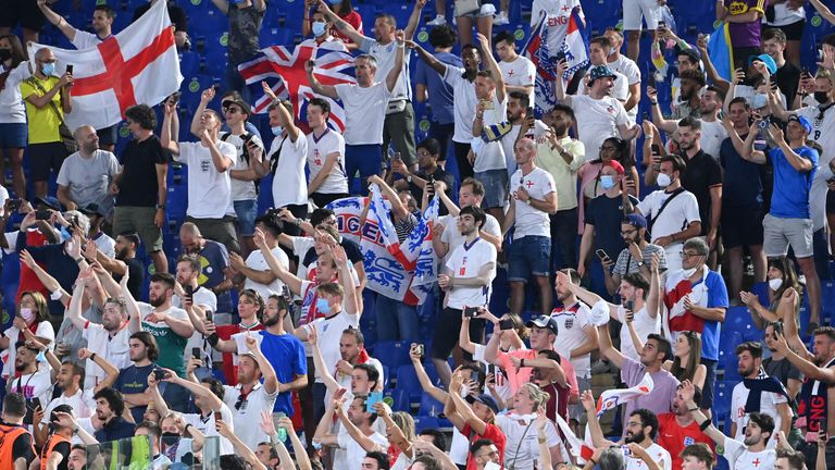 Soccer Football - Euro 2020 - Quarter Final - Ukraine v England - Stadio Olimpico, Rome, Italy - July 3, 2021 England fans cheer in the stands after the match Pool via REUTER