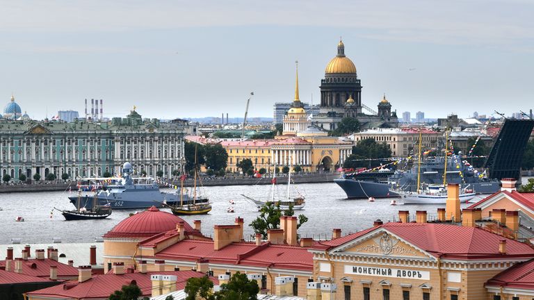 Navy ships can be seen on the river in St Petersburg