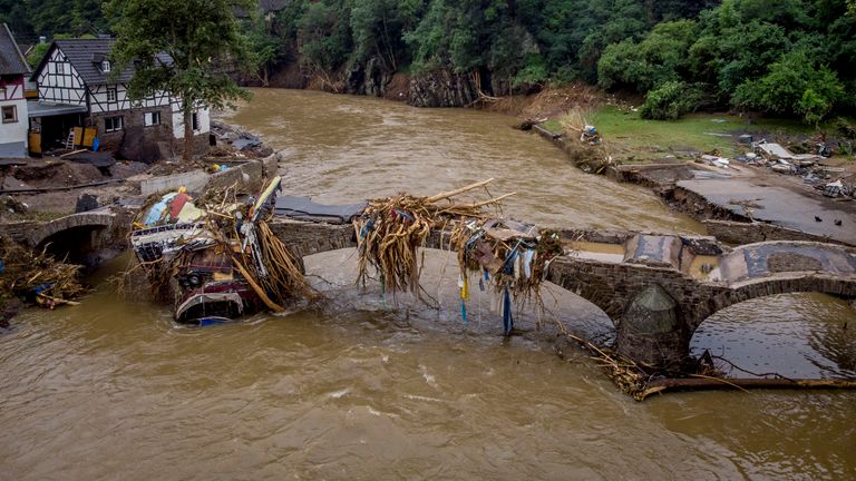 A bridge covered in debris in Schuld, Germany. Pic: Associated Press