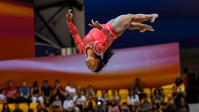 Simone Biles pictured at the 2018 World Championships in Doha, Qatar. Pic: AP