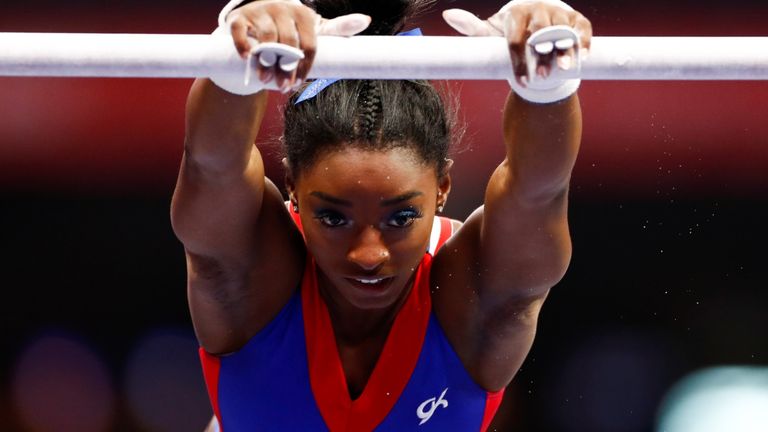 Simone Biles practises at the US Olympic trials
