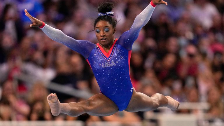 Simone Biles competes in the US Olympic gymnastics trials in June. Pic: AP
