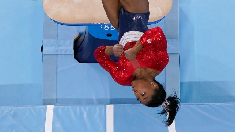 Simone Biles in mid-flight during her ill-fated vault performance in the women&#39;s artistic gymnastics team final. Pic: AP