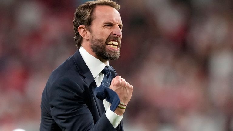 Manager Gareth Southgate celebrates taking his team to the brink of glory