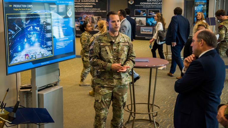 Defence Secretary Ben Wallace is briefed during a Space and Missile Systems Center overview presentation in the US. US Space Force Space and Missile Systems Center