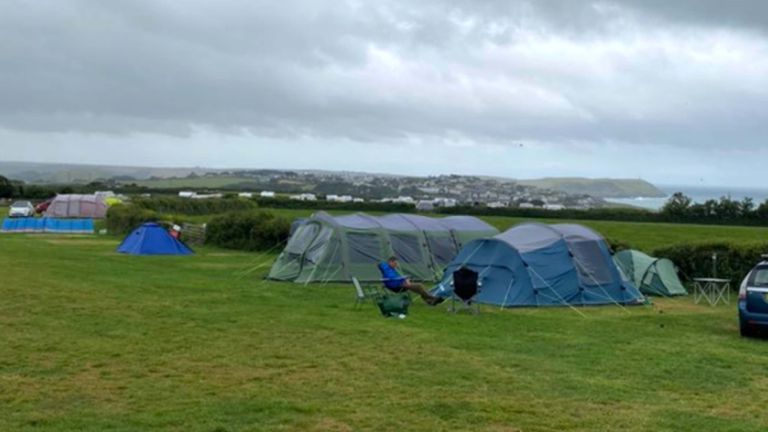 Handout photo of Mark Morgan-Hillam and his familyÕs tent on the camp site they were staying at on Thursday night, which was just above Polzeath, after winds of up to 75mph lashed parts of the South West as Storm Evert hit the UK on Thursday and Friday. The Met Office said the newly named storm will bring "unseasonably strong winds and heavy rain". Issue date: Friday July 30, 2021.

