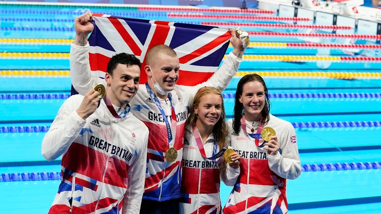 Adam Peaty, James Guy, Anna Hopkin and Kathleen Dawson celebrate after winning the inaugural 4x100 medley relay. Pic: Rob Schumacher-USA TODAY Sports
