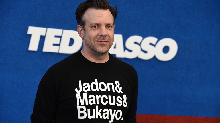 Jason Sudeikis arrives at the premiere of the second season of "Ted Lasso" on Thursday, July 15, 2021, at the Pacific Design Center. (Photo by Jordan Strauss/Invision/AP)