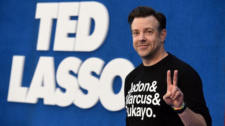 Jason Sudeikis arrives at the premiere of the second season of "Ted Lasso" on Thursday, July 15, 2021, at the Pacific Design Center. (Photo by Jordan Strauss/Invision/AP)