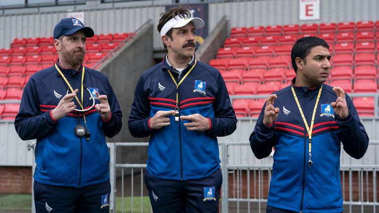 Brendan Hunt, Jason Sudeikis and Nick Mohammed in Ted Lasso. Pic: Apple TV+