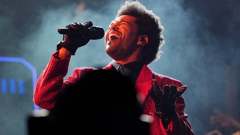 The Weeknd performs during the halftime show of the NFL Super Bowl 55 football game between the Kansas City Chiefs and Tampa Bay Buccaneers, Sunday, Feb. 7, 2021, in Tampa, Fla. (AP Photo/David J. Phillip)