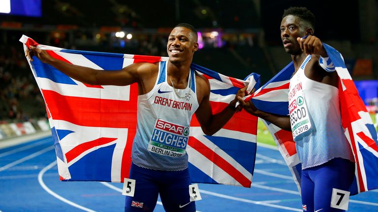 Zharnel Hughes (left) and Reece Prescod are both competing in the 4x100m relay. Pic: AP