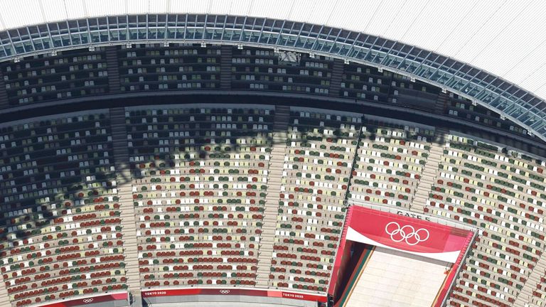 In this aerial photo, the Olympic Rings are seen with spectators&#39; seats at the National Stadium in Tokyo Japan, Monday, June 21, 2021. .(Kyodo News via AP)


