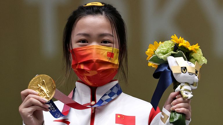 Shooter Yang Qian of China claimed the first gold medal of the Olympics