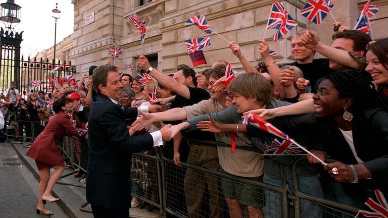 Tony Blair greets well-wishers at Downing Street after winning the 1997 election