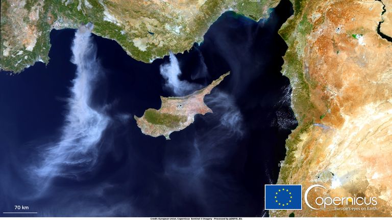A satellite image shows the clouds generated by the wildfires in Turkey