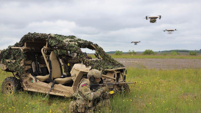 undated handout photo of Royal Marines of 40 Commando using a Malloy TRV150 to deliver supplies onto the battlefield during the Autonomous Advance Force 4.0 exercises at RAF Spadeadam.