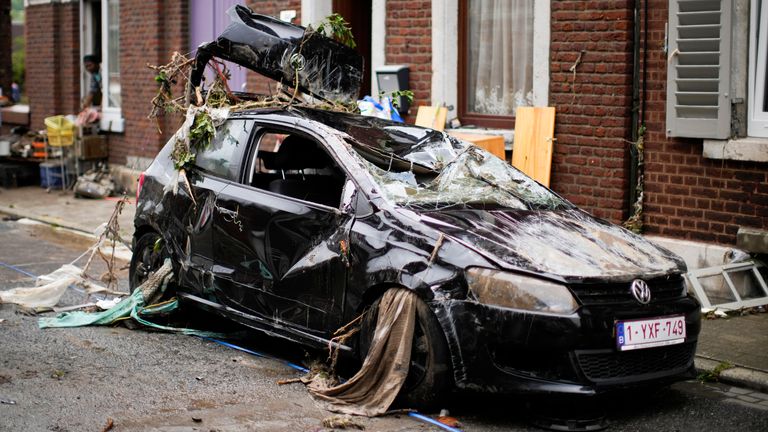 A destroyed car in Verviers, Belgium. Pic Associated Press