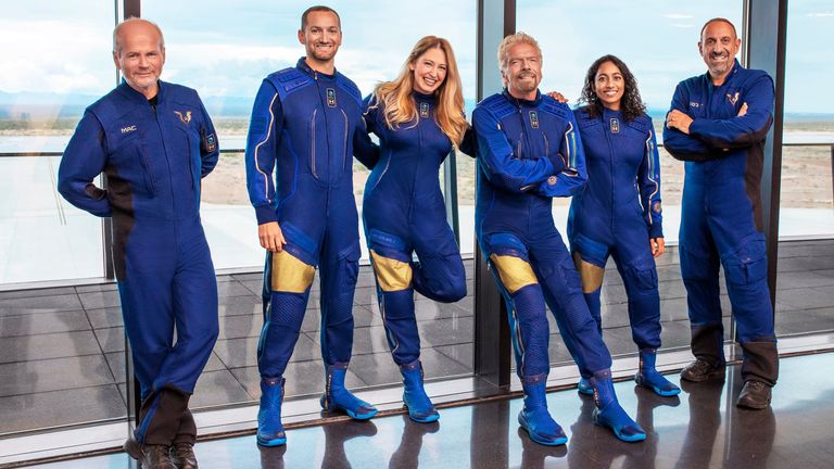 Virgin Galactic Unity22 Crew. Left to right; Chief Pilot, Dave Mackay, Lead Operations Engineer Colin Bennett, Chief Astronaut Instructor Beth Moses, Founder Virgin Galactic Richard Branson, Vice President of Government Affairs and Research Operations Sirisha Bandla and Pilot Michael Masucci