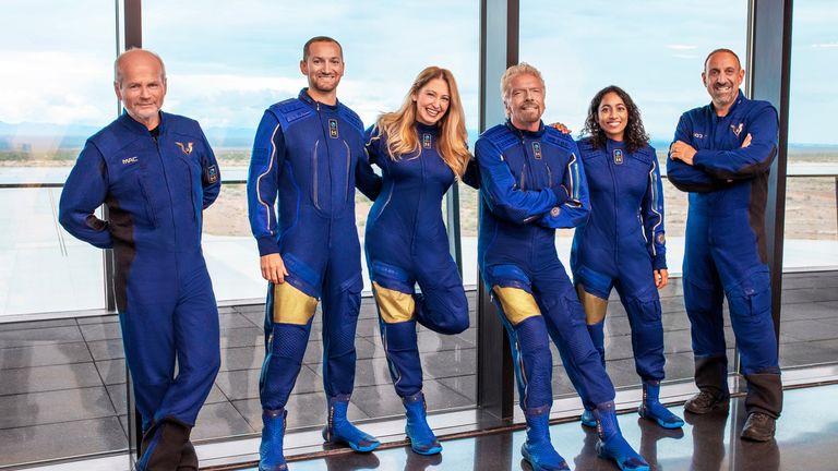 Unity 22 Crew (L-R) Dave Mackay, Chief Pilot, Colin Bennett, Lead Operations Engineer, Beth Moses, Chief Astronaut Instructor, Richard Branson, Founder Virgin Galactic. Sirisha Bandla, Vice President of Government Affairs and Research Operations. Michael Masucci, Pilot