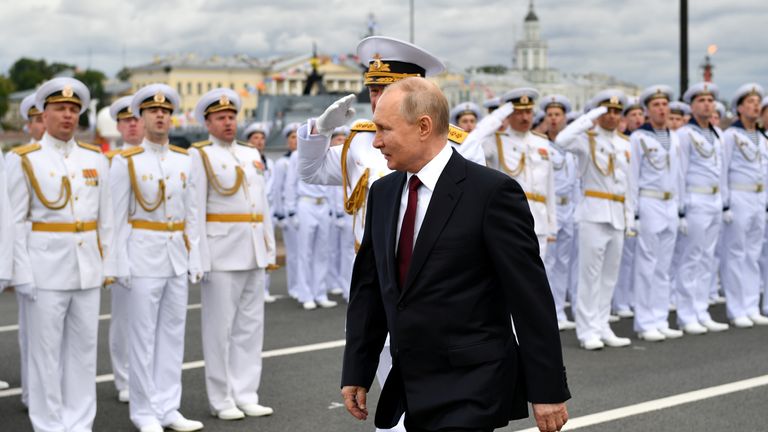 Mr Putin inspected navy officers in St Petersburg