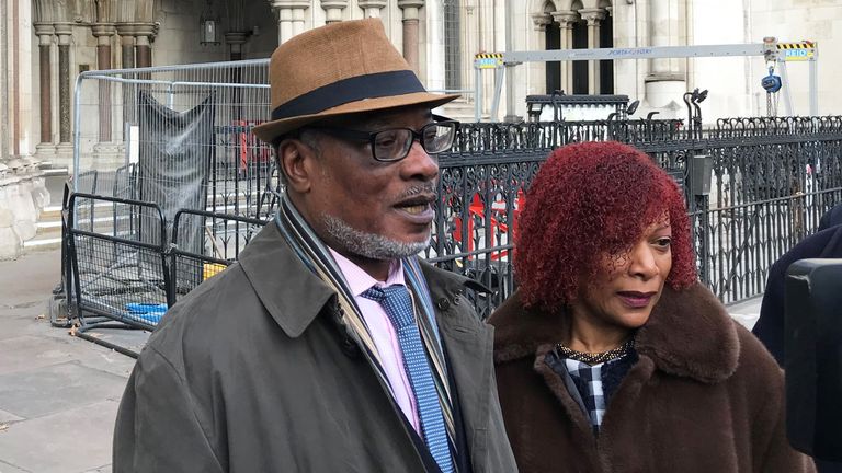 Winston Trew and his wife Hyacinth, outside the Royal Courts of Justice in London after his conviction was overturned by senior judges. Trew, along with Sterling Christie and George Griffiths, was convicted nearly 50 years ago of attempted theft and assaulting police on the evidence of a corrupt police officer. The three men have finally had their names cleared by senior judges. PA Photo. Picture date: Thursday December 5, 2019. See PA story COURTS OvalFour. Photo credit should read: Sam Tobin/PA Wire                     