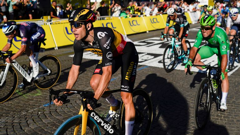 Wout Van Aert (C) wins final Tour De France stage, ahead of Jasper Philipsen (L) and Mark Cavendish (R). Pic: AP