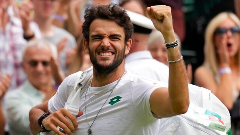 Italy&#39;s Matteo Berrettini celebrates after defeating Poland&#39;s Hubert Hurkacz during the men&#39;s singles semifinals match on day eleven of the Wimbledon Tennis Championships in London, Friday, July 9, 2021. (AP Photo/Kirsty Wigglesworth)