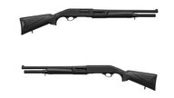 Modern pump-action shotgun with a plastic butt and fore-end isolate on a white background. Weapons for sports and self-defense. Armament of police, army and special units.