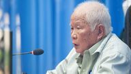 Former Khmer Rouge leader Khieu Samphan attends his appeal hearing at the courtroom of the Extraordinary Chambers in the Courts of Cambodia