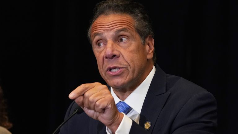 New York Gov. Andrew Cuomo speaks during a news conference at New York&#39;s Yankee Stadium, Monday, July 26, 2021. (AP Photo/Richard Drew)